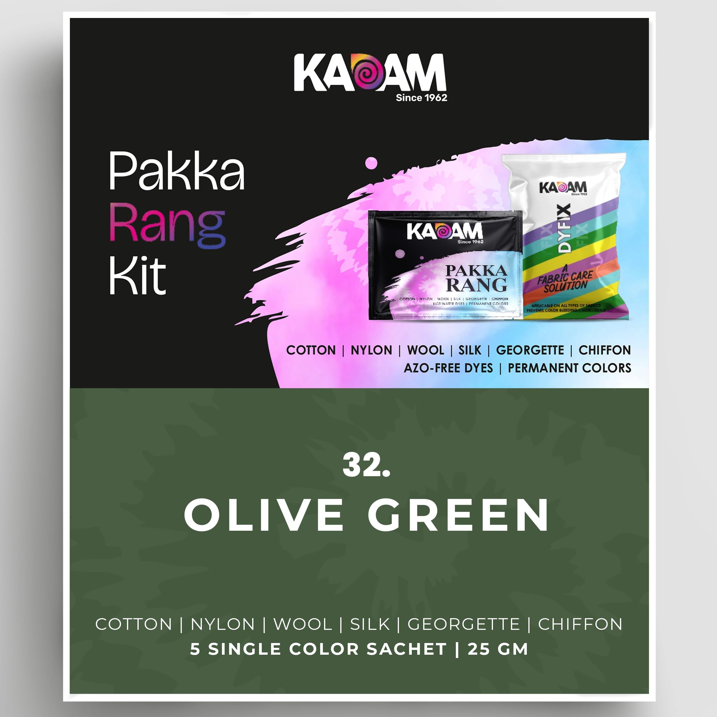 Kadam Pakka Rang Fabric Dye Colour | 25g Pack | Includes DyFix Color Fixer | Permanent Fabric Dyes for Old Faded Jeans and Clothes (Olive Green)