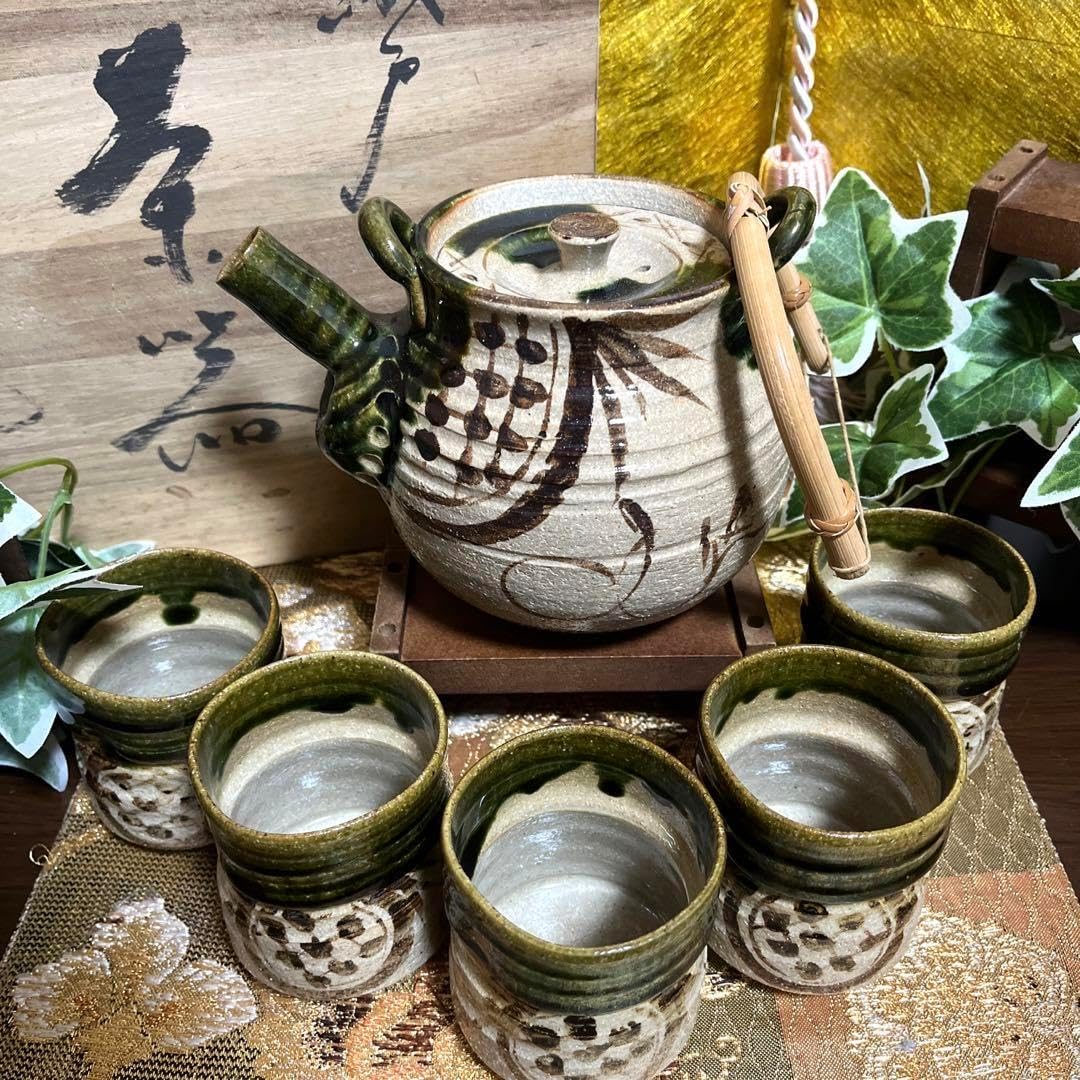 備前焼 竹内靖之 造 龍摘み 籐手付き 面取り 土瓶 急須 煎茶道具 茶器