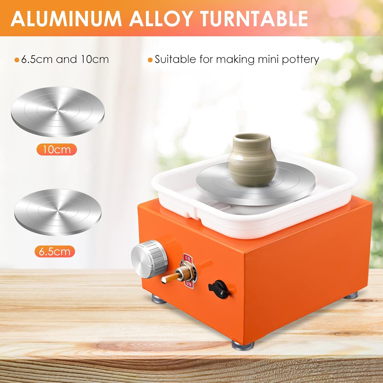 Image showing the two aluminum alloy turntables, 6.5cm and 10cm, included with the pottery wheel.