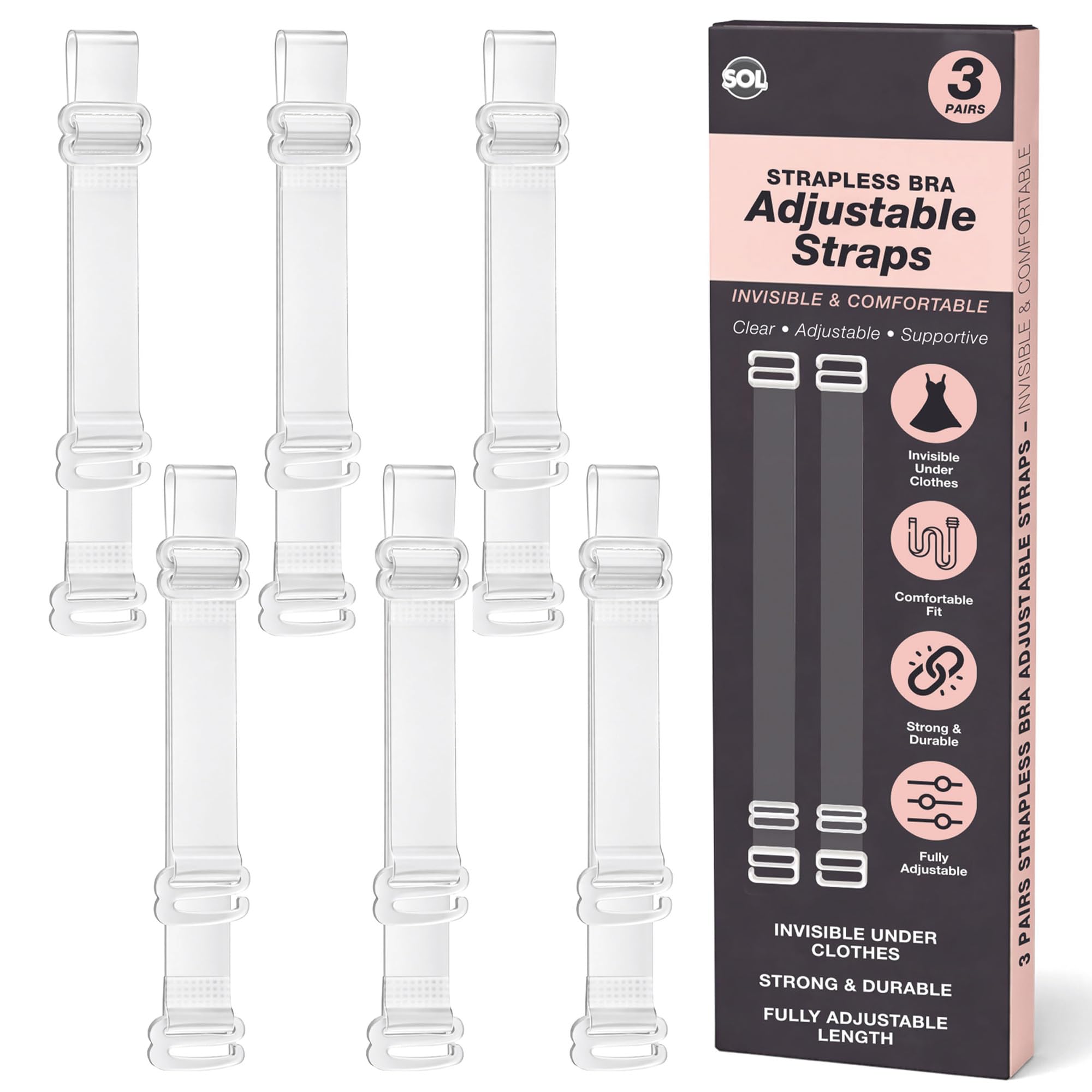 Sol Women's Black, Beige, White 3 Pairs Adjustable Strapless Clear Bra Straps Invisible - Transparent Silicone Design For Brassiere, Strong & Durable, Clothing Accessories Solution, Ideal For Everyday Wear Or Regular Use