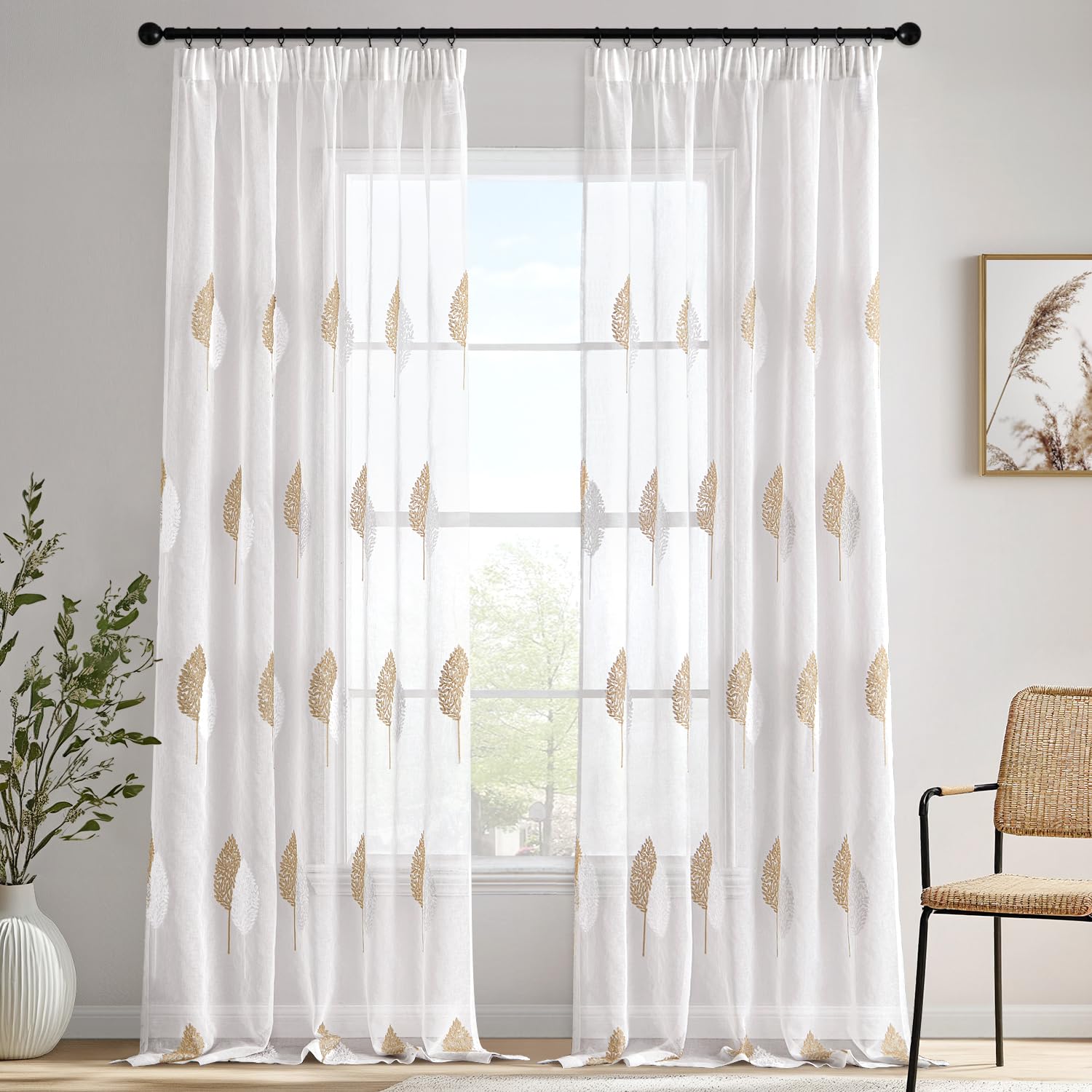 MIULEE Cortinas Blancas con Bordado de Hojas Marrones y Blancas, Semitransparentes y Transpirables, Aptas para Rieles y Varillas, Juego de 2 Piezas, 140x225cm, Ideales para Sala y Dormitorio