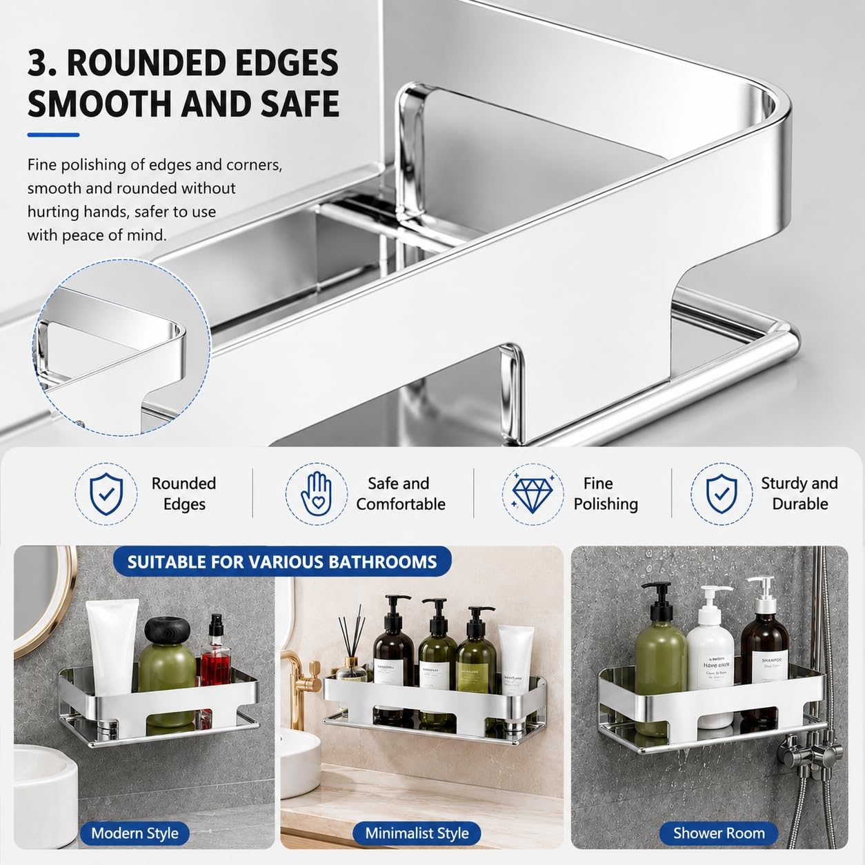 Mensole Doccia senza Fori in Acciaio Inox SUS304 – Porta Shampoo e Bagnoschiuma da Bagno, Organizer Doccia Adesivo Antiruggine, Mensola Bagno Salvaspazio per Bagno Argento