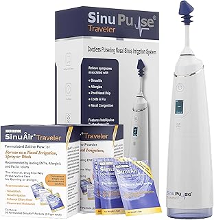 SinuPulse Traveler with 30 Sinuair Packets - Cordless Pulsating Nasal Irrigation Sinus Rinse System, Space Saving Cleaner & Relief Machine for Travel, More Effective than Neti Pot or Nose Spray Bottle