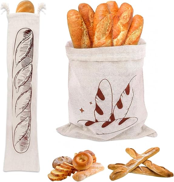 2 Sacs à Pain en Lin en 2 Tailles (30x45cm & 16x64cm), Sac à Pain avec Cordon de Serrage, Sac à Pain Réutilisable pour Conserver le Pain, Fruits & Légumes - 1
