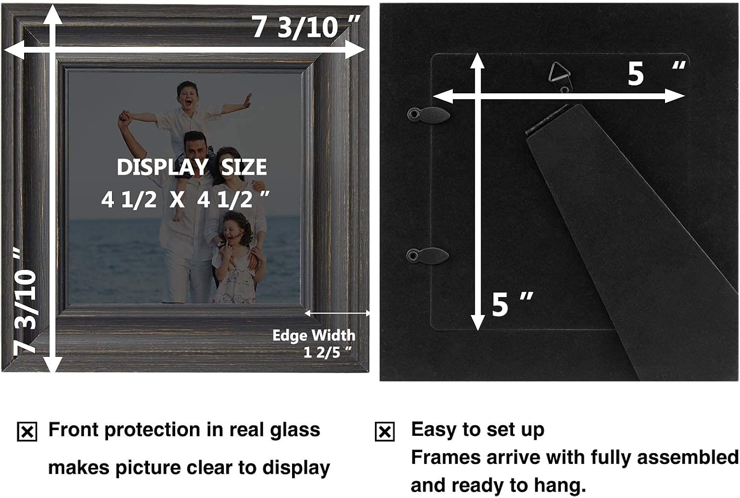LaVie Home 5x5 Picture Frames (3 Pack, Black Wood Grain) Rustic Photo Frame Set with High Definition Glass for Wall Mount Display