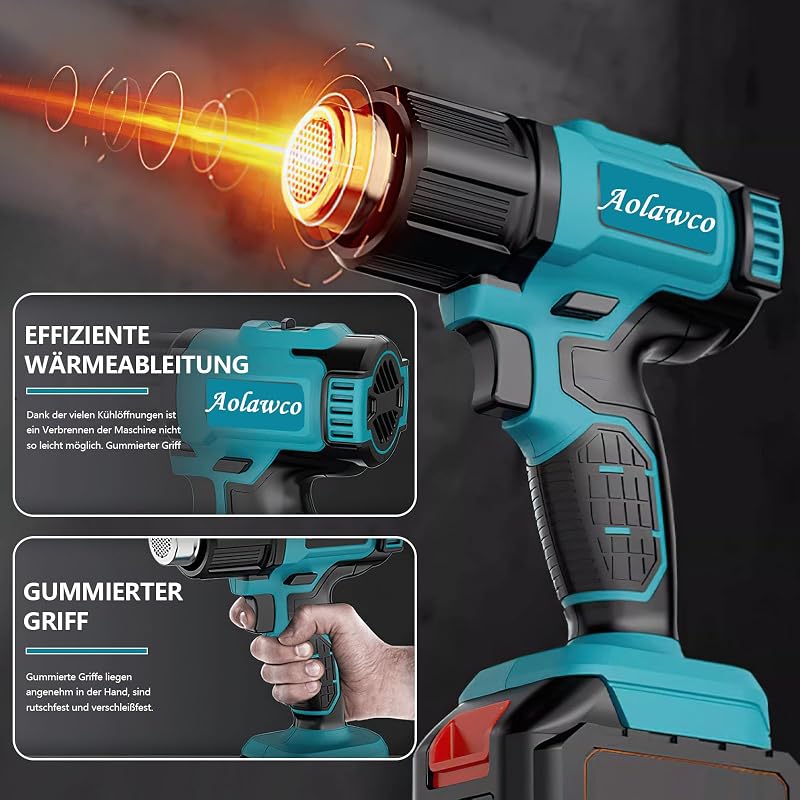 Aolawco Akkumulátoros Hőlégfúvó 2x21V Makita Kompatibilis Akkuval, 3 Fúvókával, 550°C Hegesztéshez Csőhajlításhoz