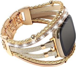 WONMILLE Posh Leather Bands Compatible with Fitbit Sense/Versa 3 Bands Women, Boho Stylish Handmade Multilayer Wrap Bracelets Jewelry Strap Wristband for Sense/Versa 3 Smart Watch