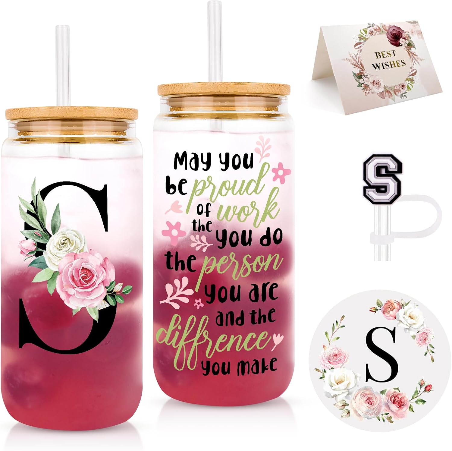 Initial Glass Cups with Lids and Straws, Personalized Gifts for Women, Iced Coffee Cup Glass Tumbler, Birthday Bridesmaid Proposal Inspirational Customized Gifts for Her Girls (S)