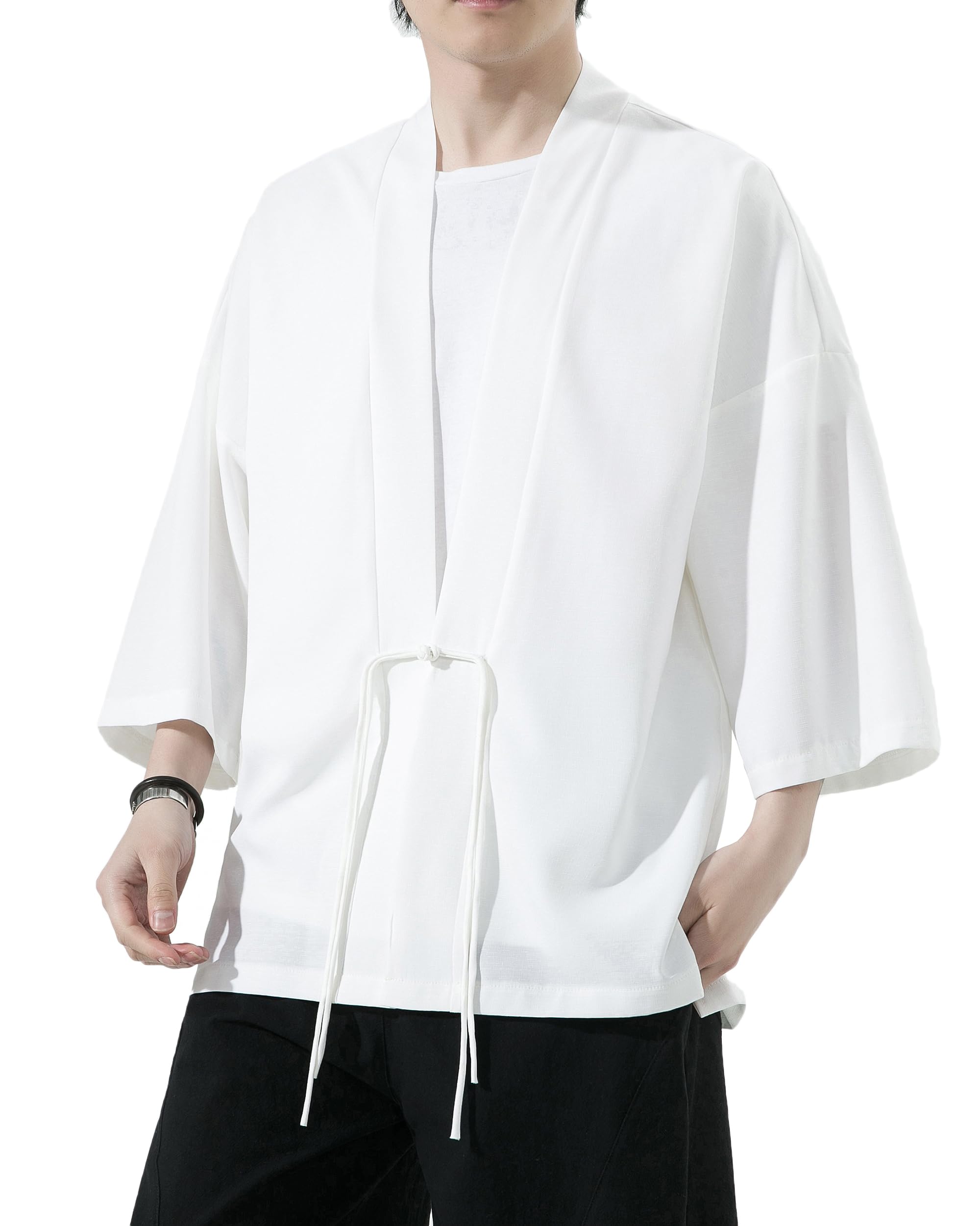 PRIJOUHE Men's Kimono Jackets Cardigan Casual Cotton Blends Linen Seven Sleeve Open Front Embroidery Coat