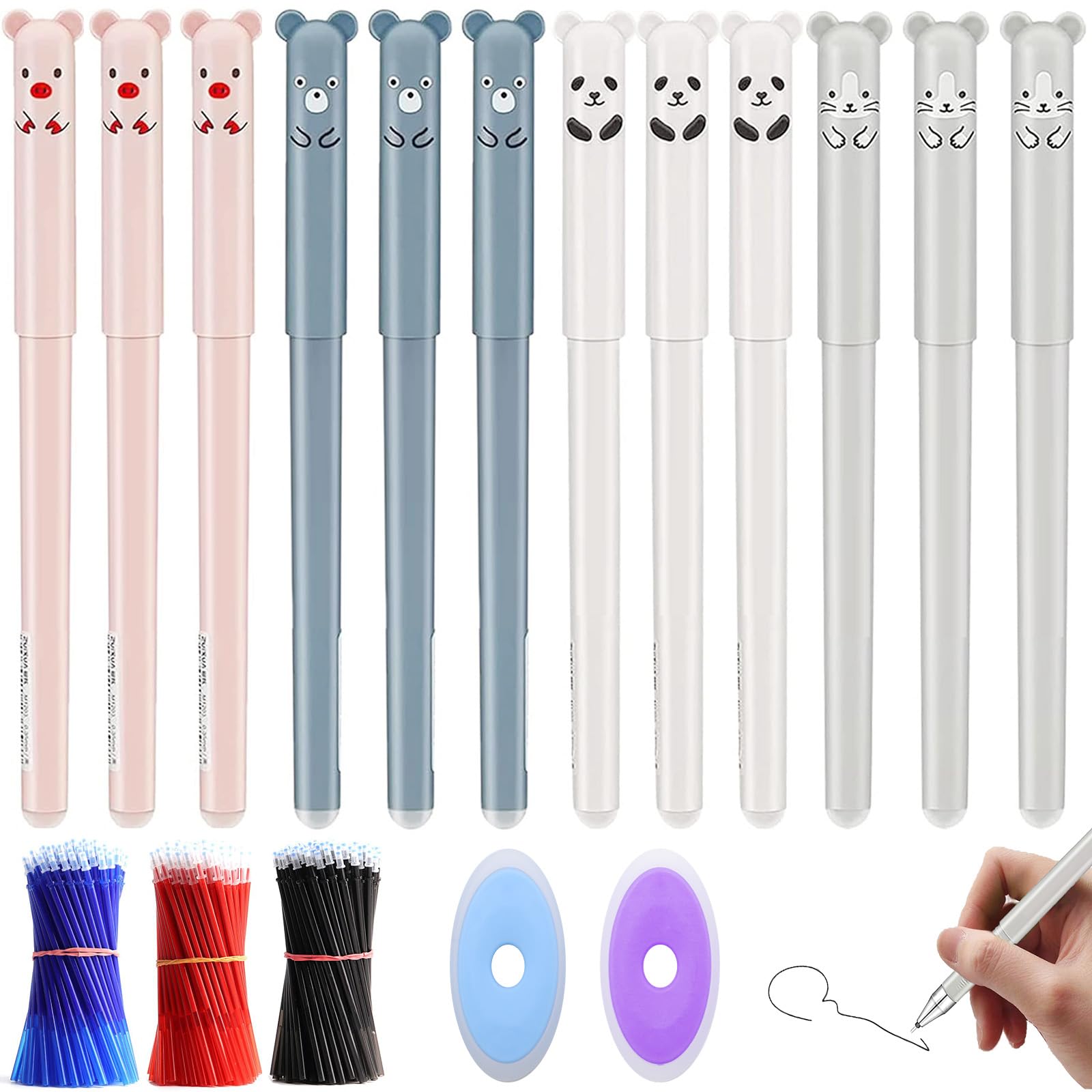 VEGCOO Bolígrafos Gel Borrables, 12 Piezas 0,35 mm Bolis Borrables Animales con 24 Recambios de Bolígrafo y 2 Gomas de Borrar, Bolígrafo Roller Borrable para Niños Adultos Papelería Escolar