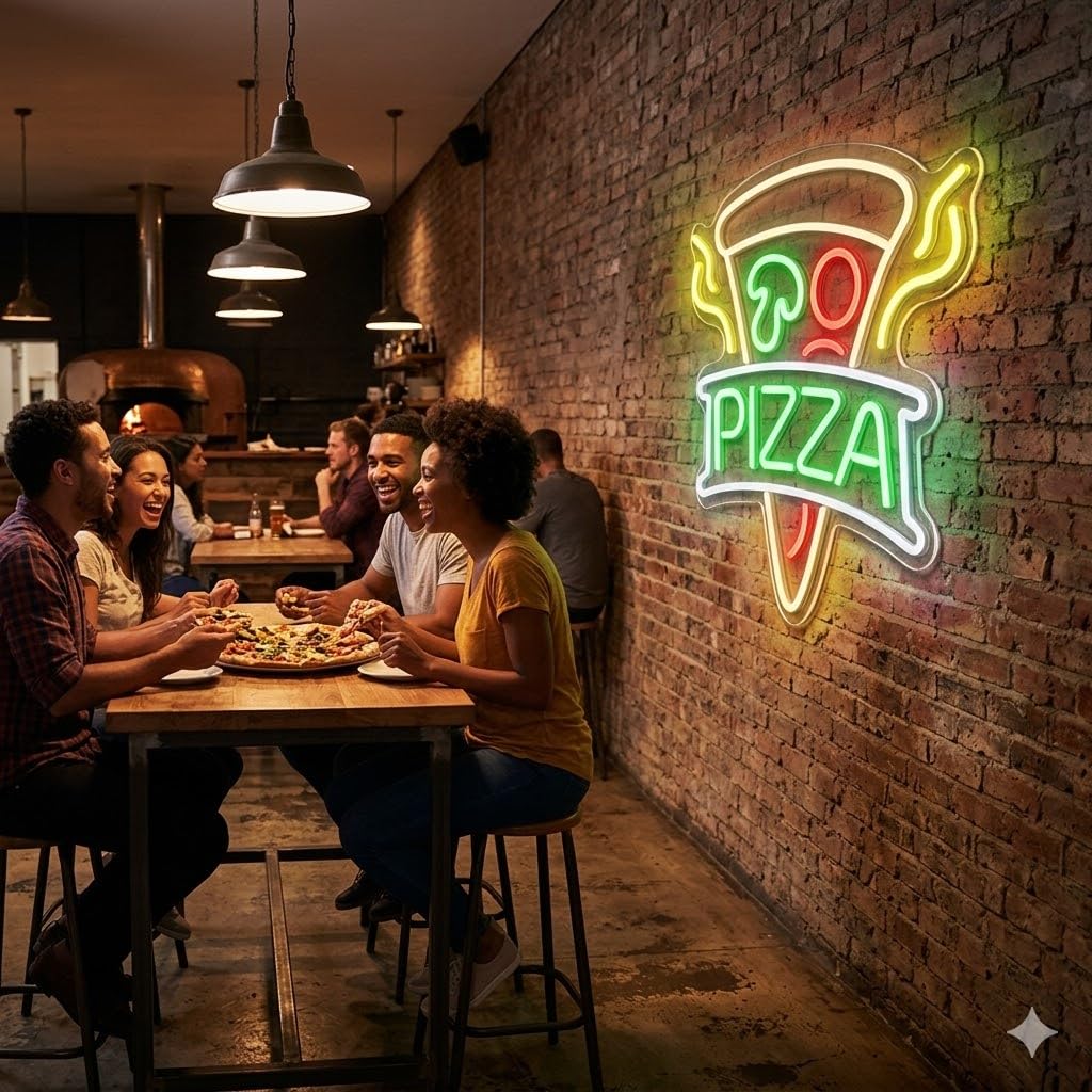 Letrero LED Pizza, Metacrilato, 40 x 38cm | Bajo Coste, Cartel Luminoso, Escaparate, Decoración de Pared, Luz Brillante, Alimentación 12v