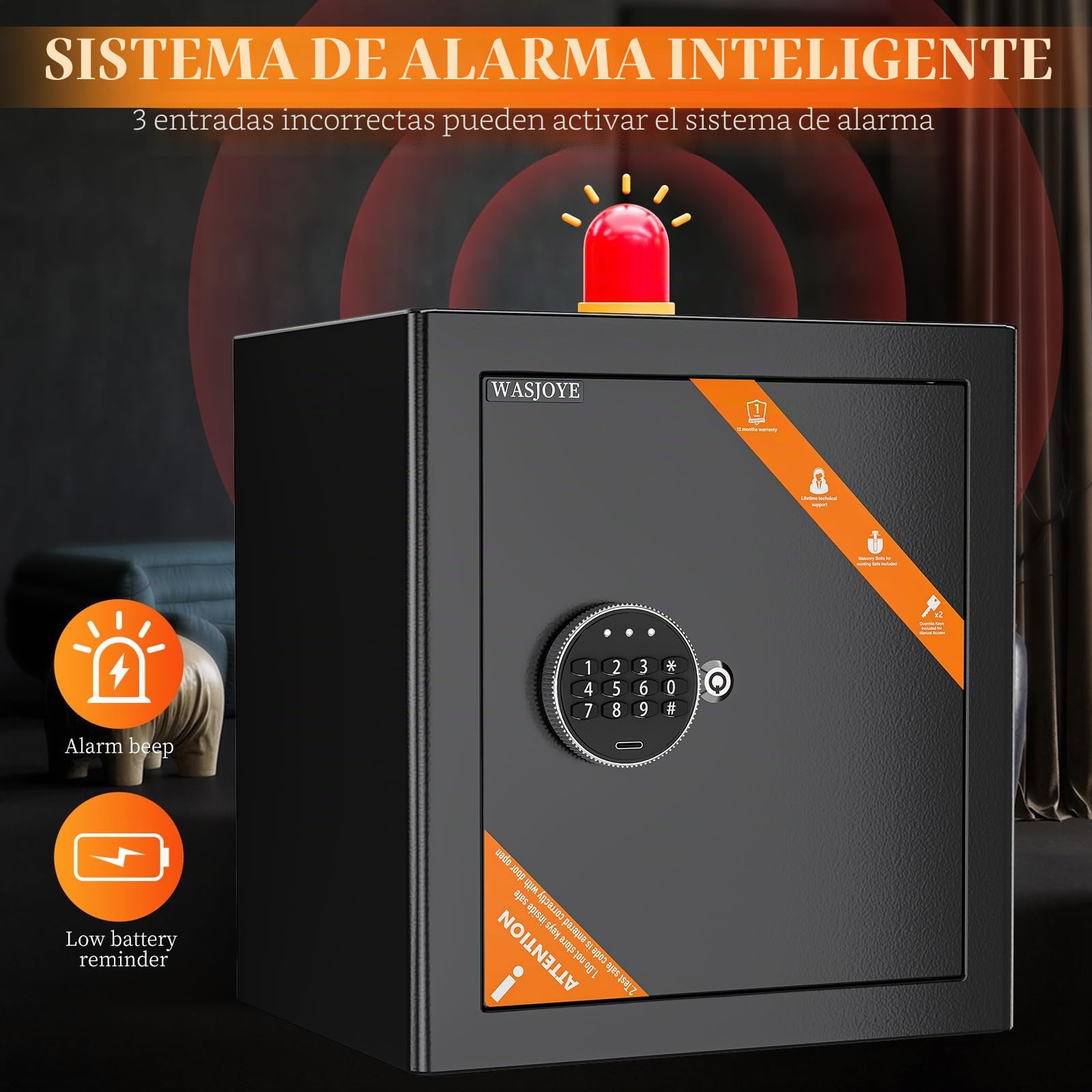 WASJOYE Caja Fuerte Convencionale para el Hogar, Teclado de Seguridad Electrónico Digital Caja Fuert Grande, Caja Fuert con Cerradura de Llave para el Hotel, Oficina, Dinero, Pistola, Joyería, 42L