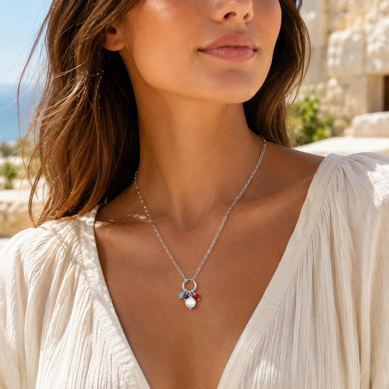 Collar Mujer Plata de Ley Verificada, Cadena de Eslabones Diamantada con Cierre de Anilla Porta Colgante de Piedras Semipreciosas Naturales, Regalo Mujer