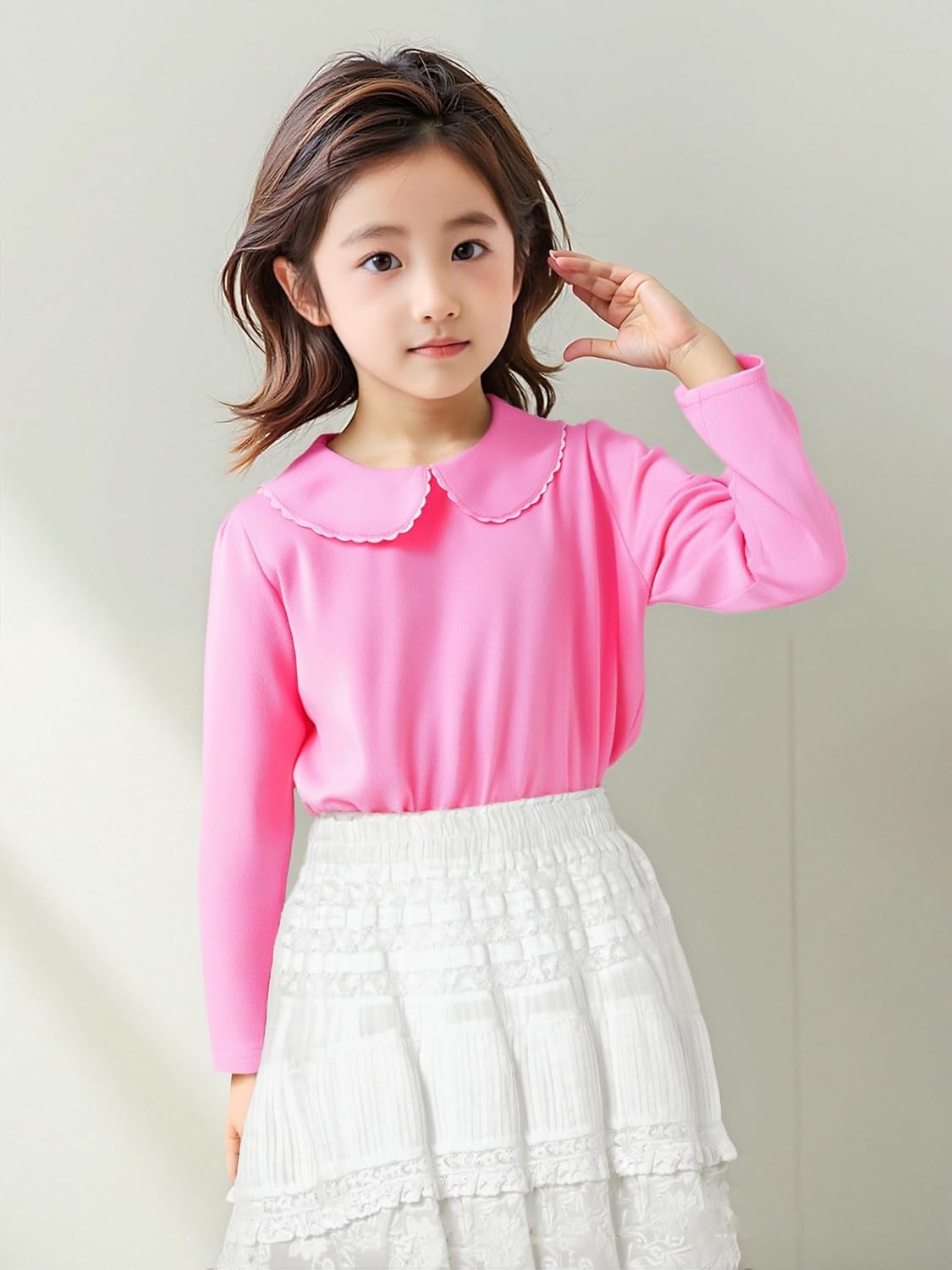 LYSMuch 18M-6T Toddler Baby Girl Long Sleeve Collar Shirt Peter Pan Blouse Lace Undershirt Top Solid Color Clothes - Image 2