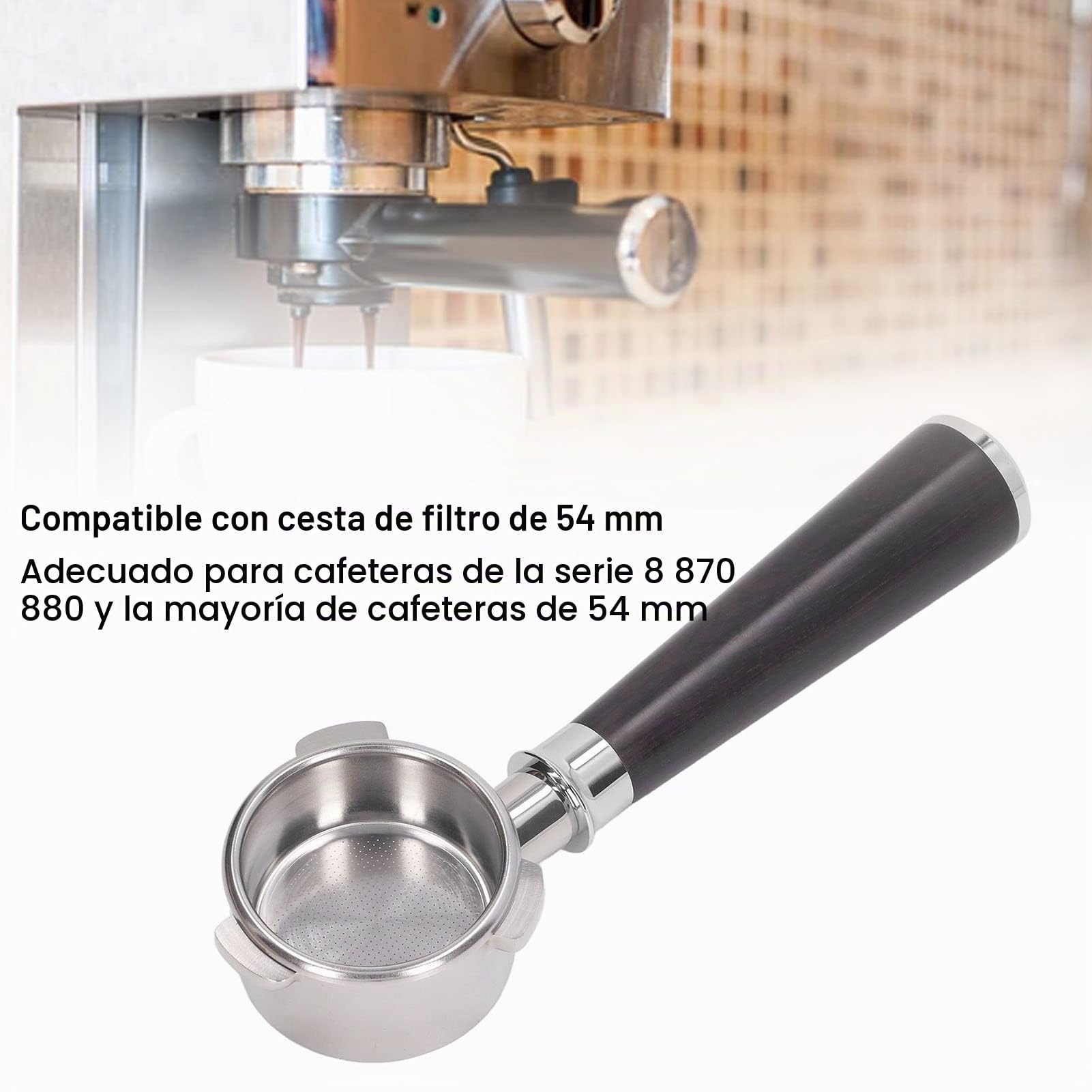 Portafiltro de café Portafiltro sin Fondo de Acero Inoxidable de 54 Mm para una Extracción de café Portafiltro Portátil para Breville 8 Series 870 880 (Madera Negra Africana)