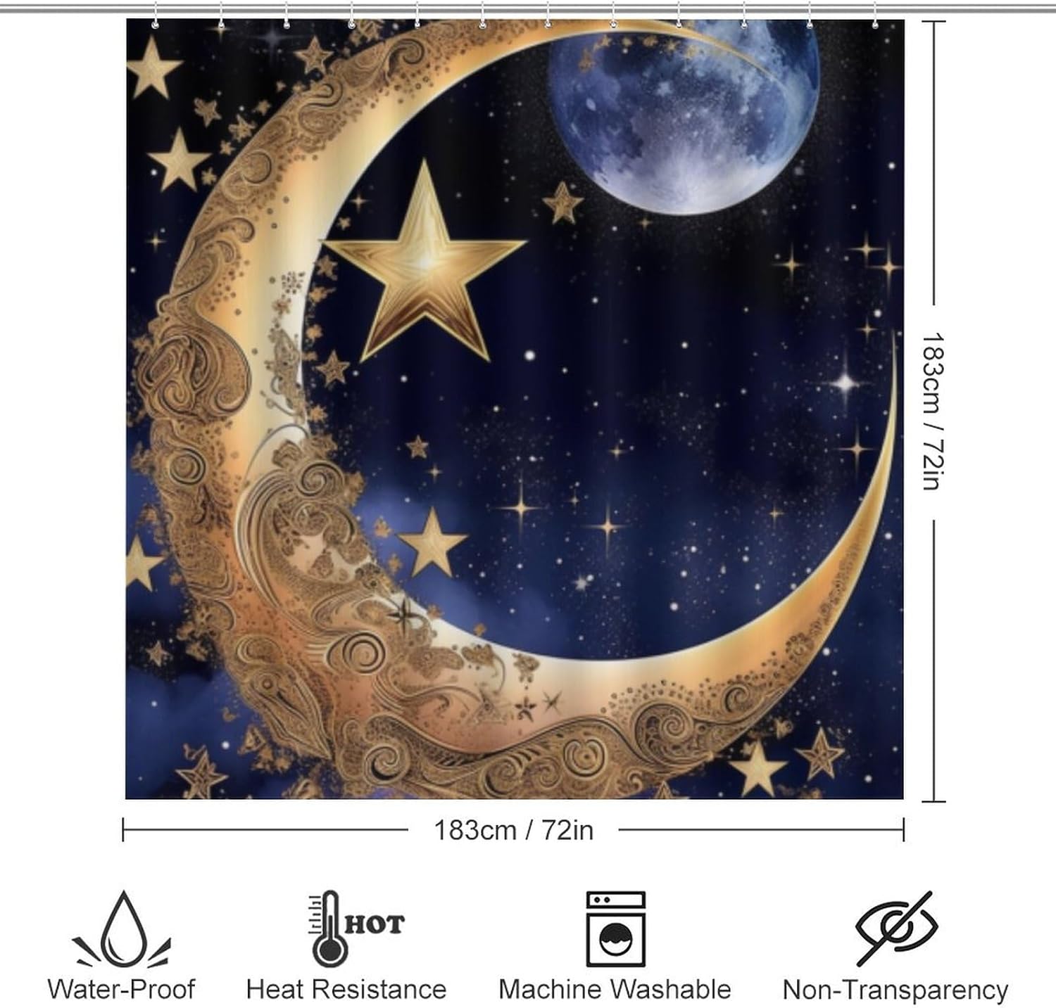 4 Pcs Bathroom Shower Curtain Set,Bathroom Sets with Rugs (Bath Mat,U Shape and Toilet Lid Cover Mat), Moon Star Bathroom Decor Set