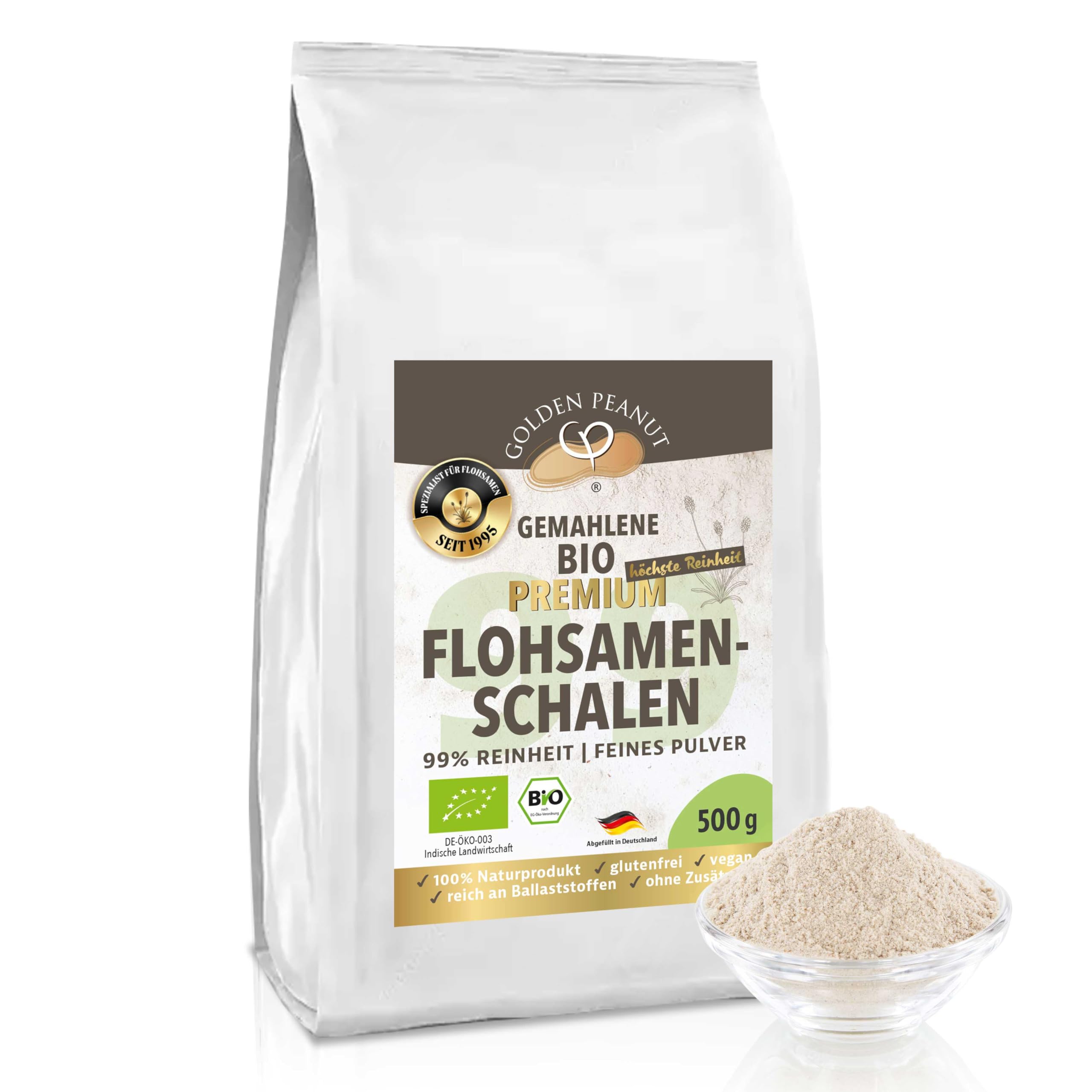 Cáscaras de semillas de psyllium orgánicas en polvo 99%, finamente molidas, 2 bolsas de 500 g, extra blancas, reducido de gérmenes, de cosecha fresca y zonas de cultivo seleccionadas en la India