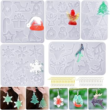5 Pack Christmas Resin Earring Molds, Christmas Tree Snowflake Elk Silicone Jewelry Pendant Mold with 200pcs Earring Hooks Jump Ring for DIY Jewelry Resin Art Craft Keychain Ornament Gift Xmas-C