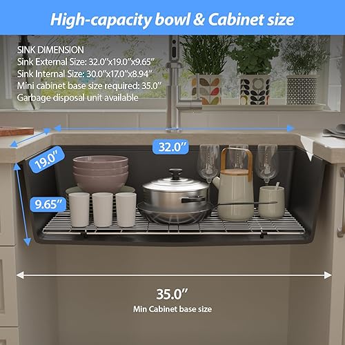 Miniatura 7 de Lordear Lordear - Fregadero de cocina compuesto de 32 pulgadas, fregadero de cocina de granito de cuarzo compuesto blanco profundo de un solo tazón