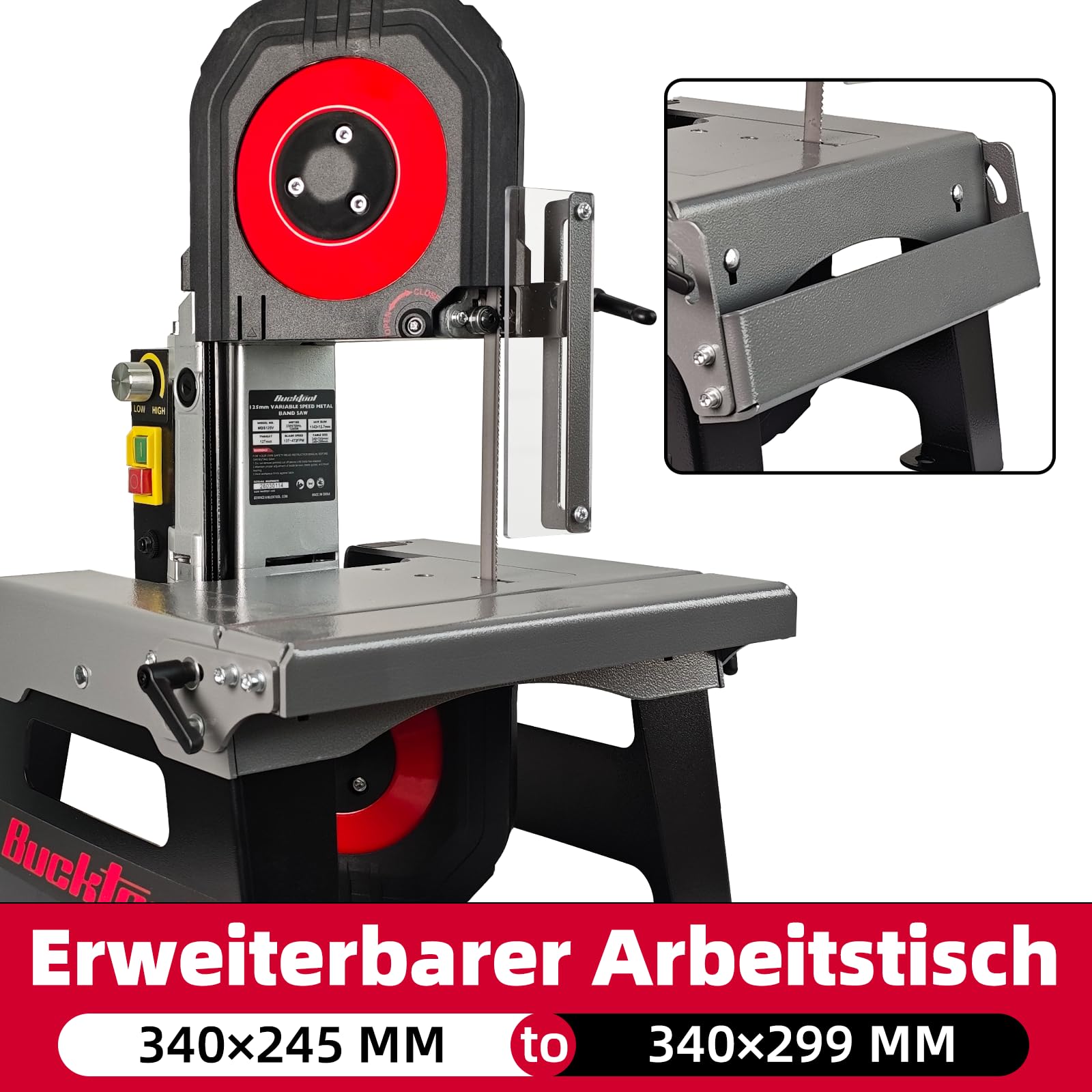 BUCKTOOL 127 mm Metallbandsäge, 1200W Bandsäge für Metall, 5 Inch Tisch-Bandsäge mit variabler Geschwindigkeit 0,7–2,4 m/s, mit Erweiterungstisch, für Werkstatt, Garage & Heimwerker