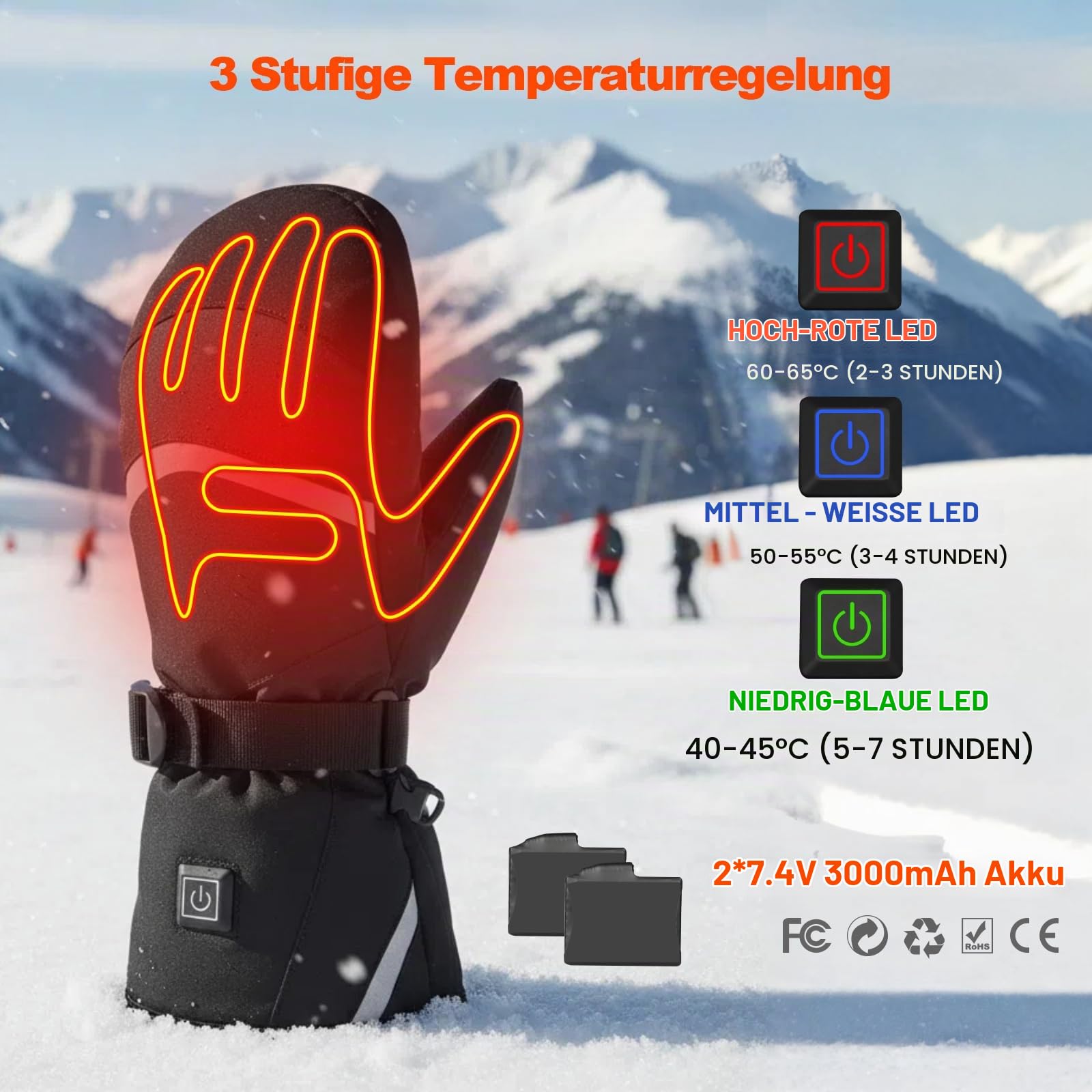Elektrisch Beheizbare Handschuhe mit 3000mAh Akku, Touchscreen Fingerspitzen Beheizte Handschuhe für Damen Herren, 3 Wärmestufe, Wasserdicht, C