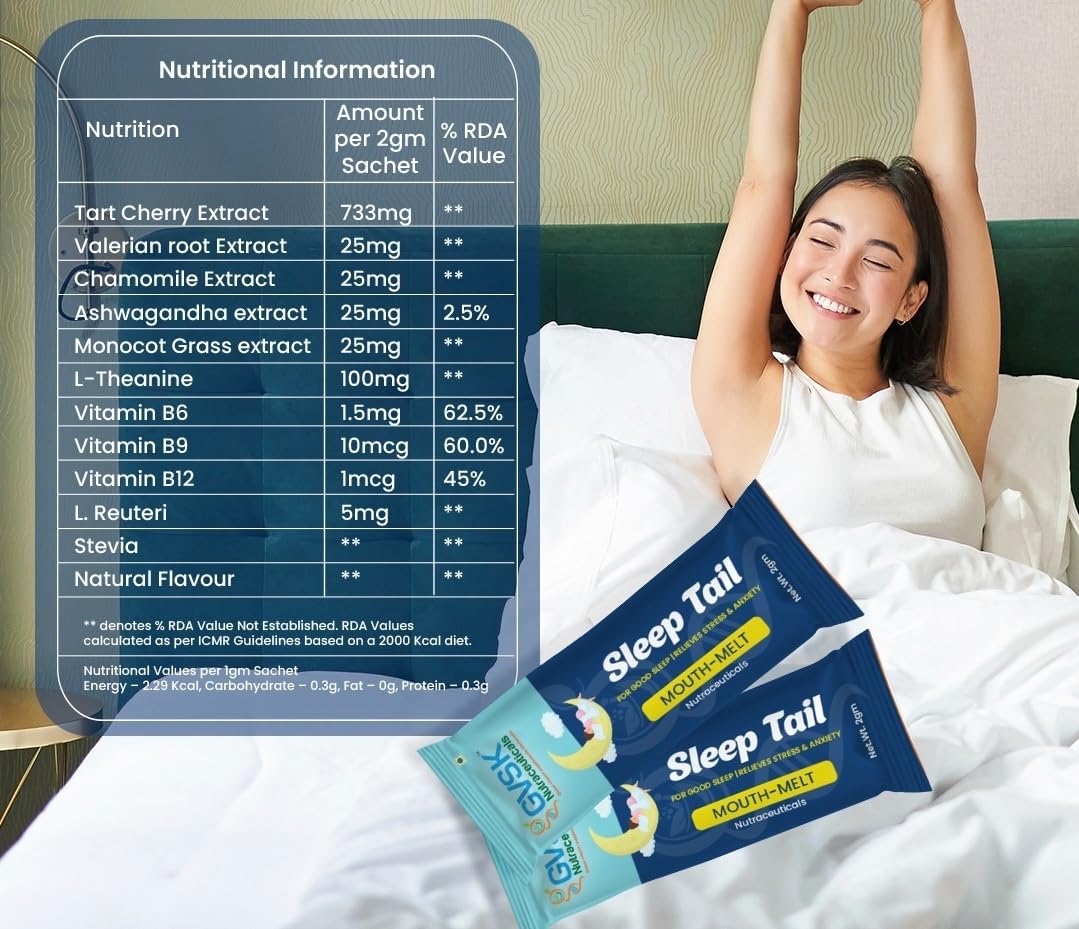 GVSK Sleep Tail Melt in Mouth Supplement for Adults – Natural Sleep Aid for Deep Sleep, Stress & Anxiety Relief with L-Theanine, Ashwagandha, Chamomile & Tart Cherry – Sugar Free, Vegan, Melatonin Free Sachets | 30 Sachets 3