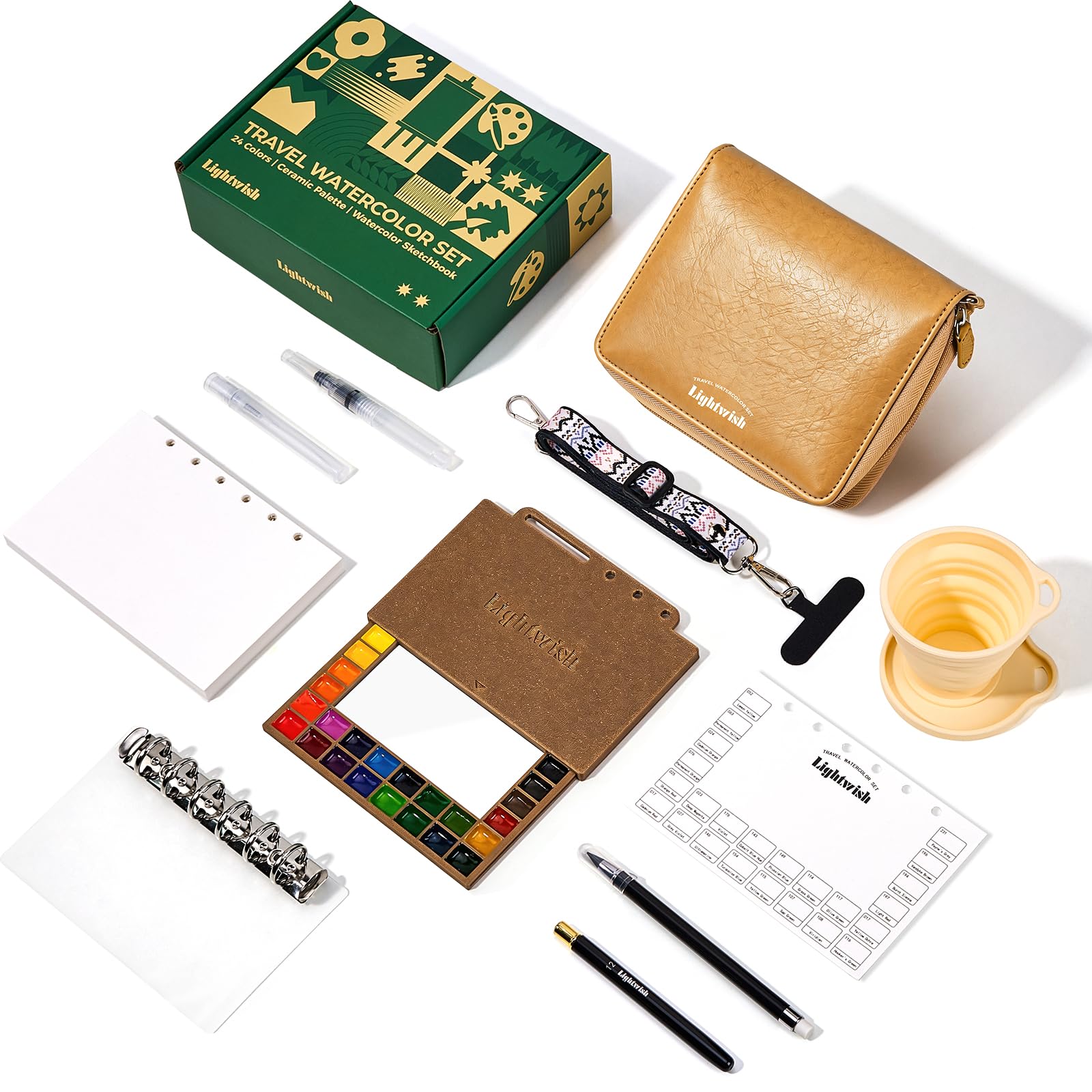 LIGHTWISH Juego de 24 pinturas de acuarela para artistas y principiantes, color marrón | Juego de acuarela portátil con papel 100% algodón recargable, paleta de cerámica y pincel de acuarela