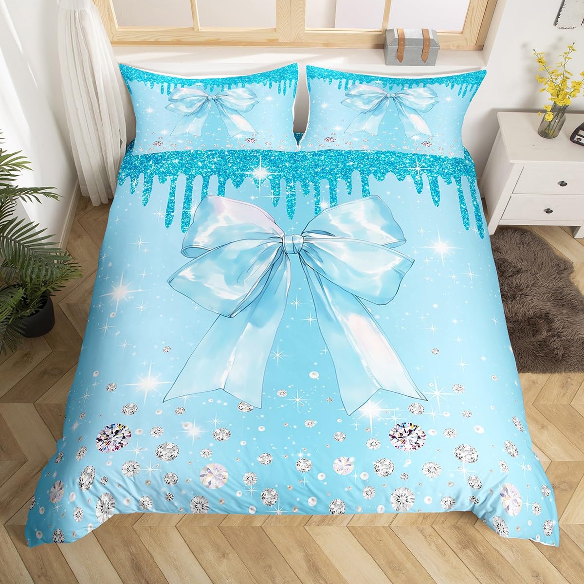 Homemissing Cute Bowknot Bedding Set Glitter Diamond Print Duvet Cover Single Size Bling Party Decorations Duvet Cover Princess Ribbon Decor Dark Blue — image 1