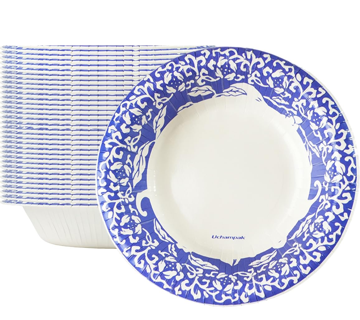 Paper Bowls 20 oz/590 ml, 50 Pack Thickened Floral Print Disposable Soups Bowls, Microwave Safe, Leak-Resistant and Cut-Resistant for Picnics, BBQs, Garden Parties, Birthdays and Family Gatherings