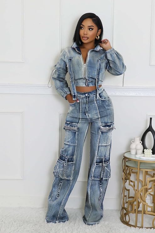 Molilove Women's Two Piece Denim Outfits Long Sleeve Cropped Jean Jacket Cargo Pants with Pockets Y2K Tracksuit Set