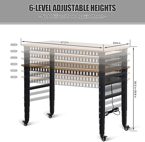 Miniatura 2 de Banco de trabajo con toma de corriente, capacidad de carga de 2000 libras, banco de trabajo de madera dura ajustable de 48 pulgadas con ruedas para