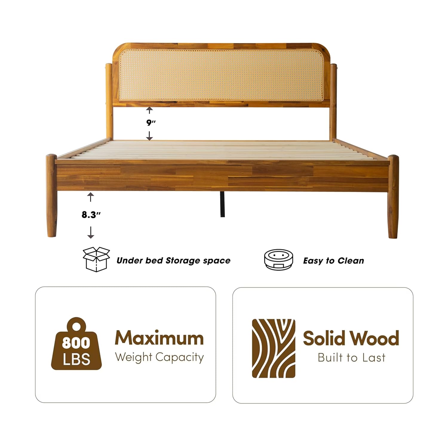 Queen Size Platform Bed Frame with Solid Wood Headboard & Footboard, Center Metal Legs, 12 Durable Slatted Base, Easy Assembly, No Box Spring Needed, Noise-Free & Slip-Free, Acacia Honey Finish JMQ-38
