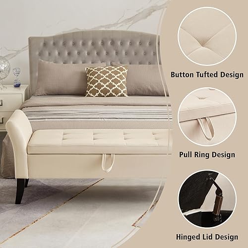 Miniatura 4 de NIOIIKIT Banco otomano tapizado de terciopelo de 51.5 pies con parte superior abatible, banco largo para dormitorio o sala de estar (beige)