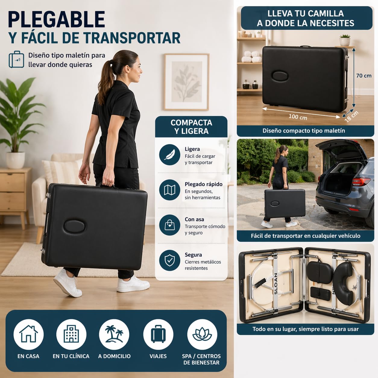 Sloan Camilla de Masaje Profesional de Aluminio – Plegable y Portátil – Altura Ajustable – Tapizado Resistente al Agua y Aceites – para Fisioterapia, Estética y Rehabilitación