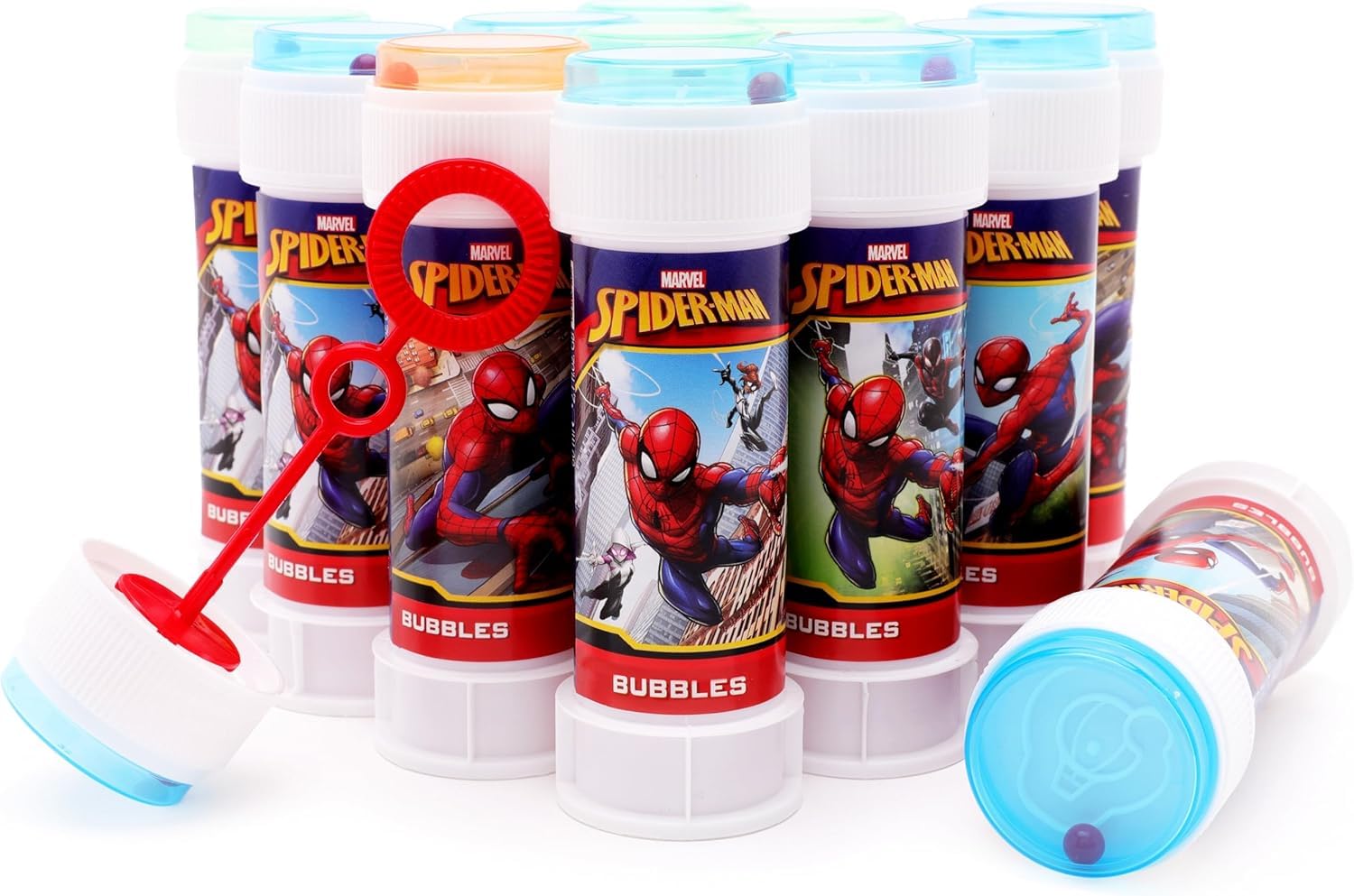 Toyland Pack of 12 Spider-Man Bubbles With Wands, 60ml Solution & Novelty Maze Lid - Pocket Money & Party Bag Toys