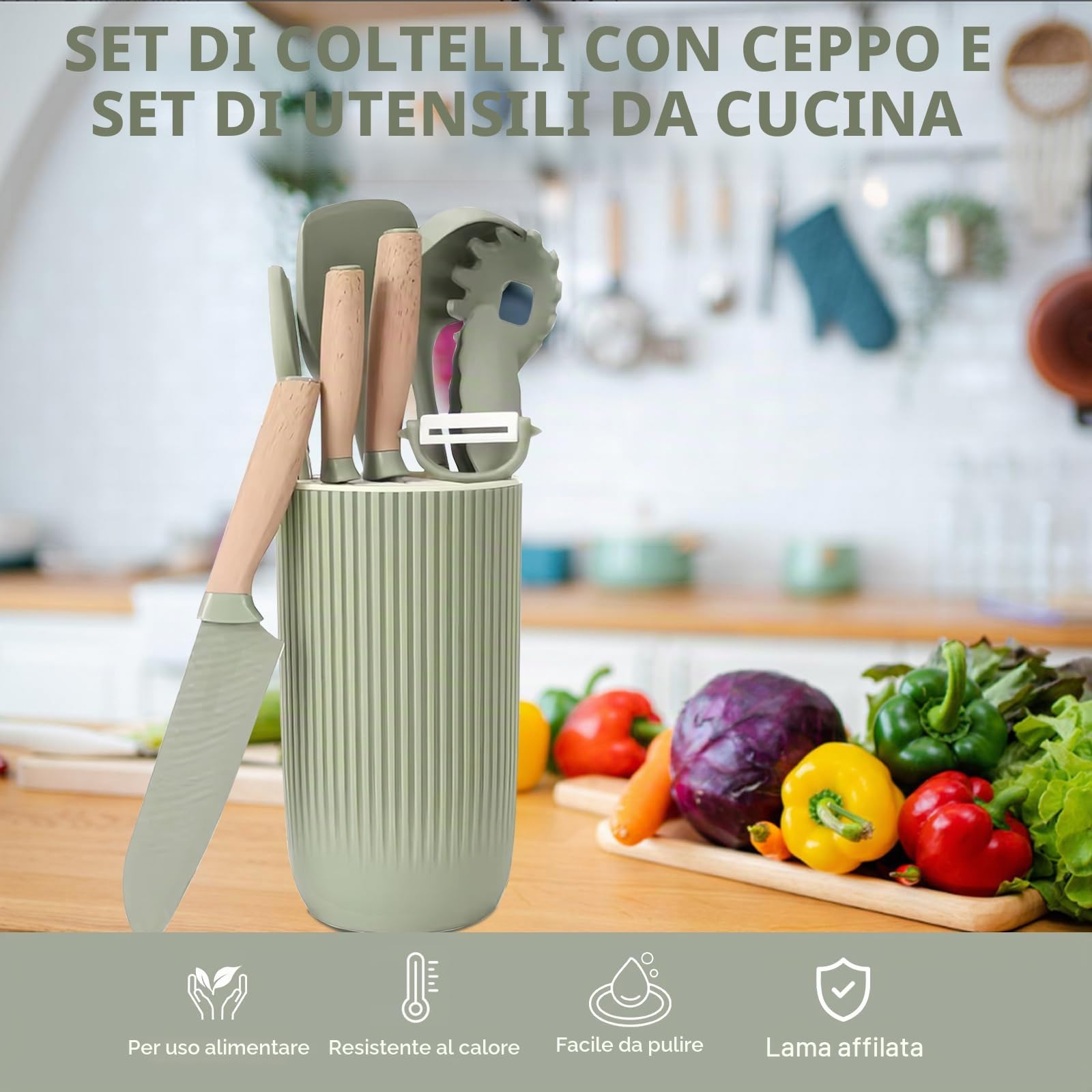 Set di 10 utensili da cucina, 10 coltelli antiaderenti in acciaio inox e spatole da cucina in silicone con supporto, manico ergonomico in legno (verde)