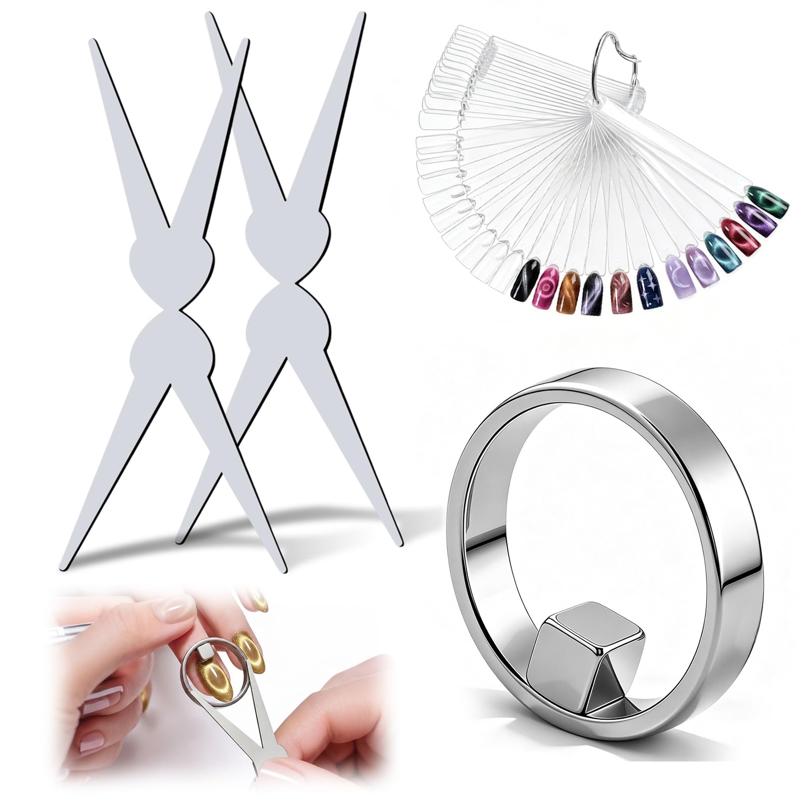 Cat Eye Magnet for Nails, 2-in-1 Strong Magnetic Nail Tool Set, Ring & Y-Shape Magnet for Cat Eye Gel Polish, Creates Halo & Black Hole Effects, with 50 Swatch Sticks for Home DIY & Beginners