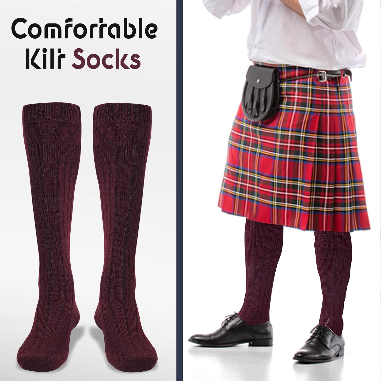 Scottish Highland Kilt Hose for Men, Ribbed Socks for USA Shoe Sizes, Wool Blend - Image 5