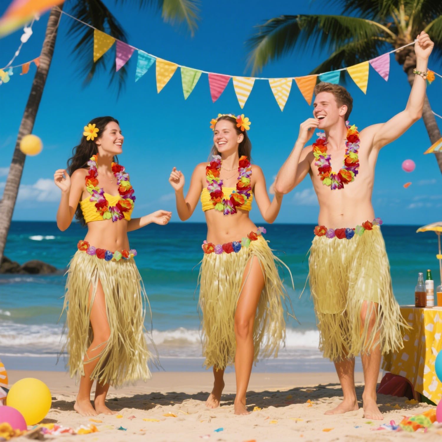 Grass Skirts, Raffia Hula Skirt with Elastic Hibiscus Flowers for Tropical Hawaiian Party Summer Beach Party