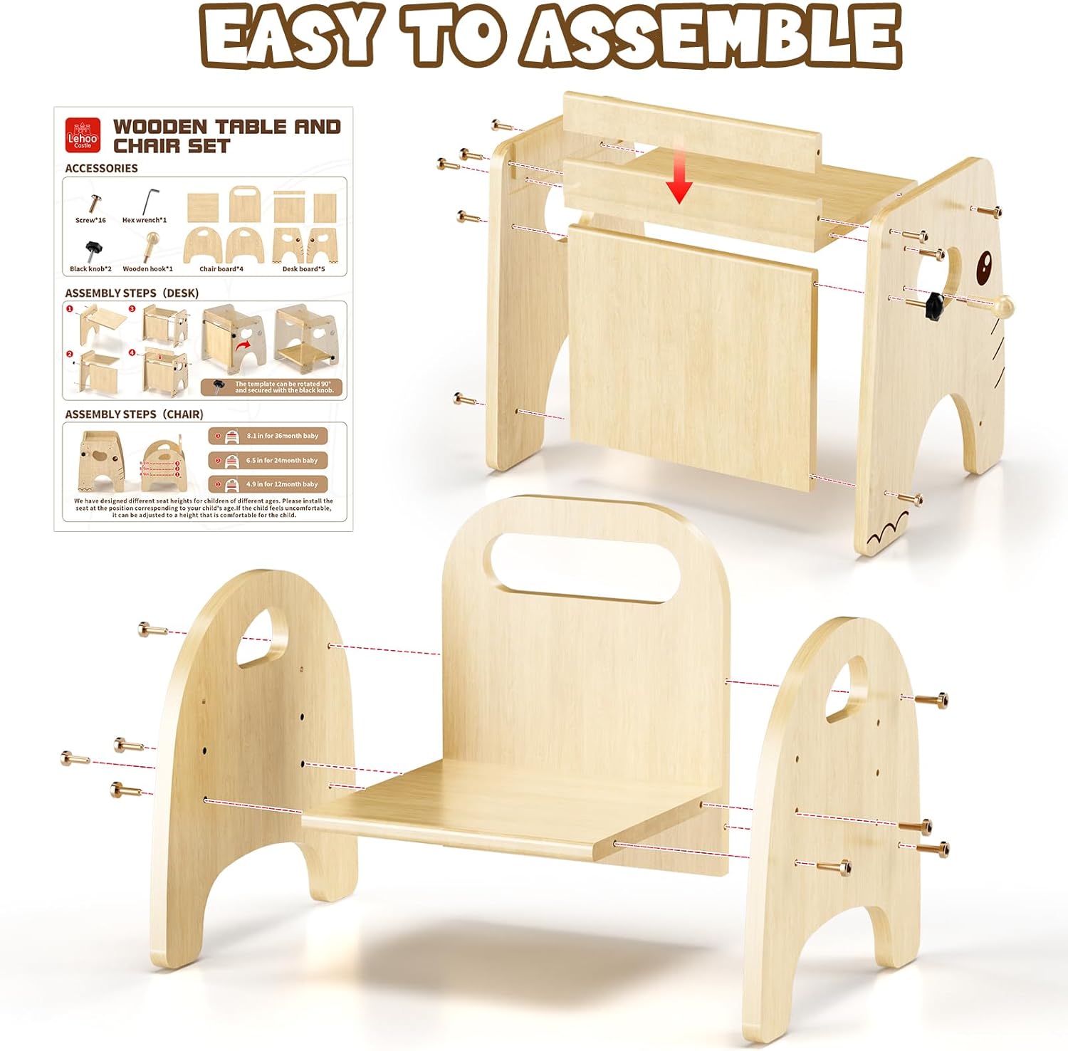 Lehoo Castle Montessori Weaning Table and Chair Set for Toddler Age 1-3, Adjustable Height Wooden Baby Activity Furniture for Self-Feeding, Drawing, Learning and Play