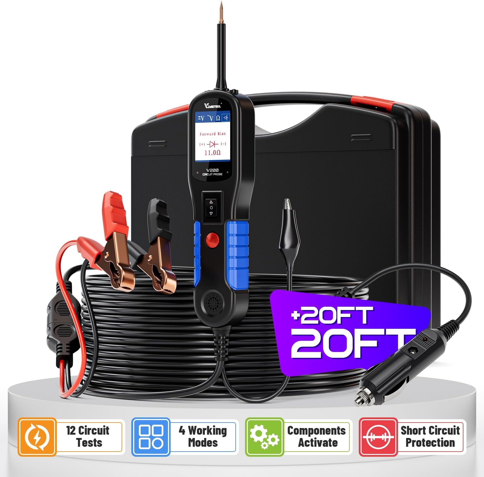 VDIAGTOOL V200 Automotive Circuit Tester, Electrical Power Circuit Probe Tester Kit, 12V 24V Short/Open Breaker Finder, Component AC DC Diode Resistance Relay Fuse Light Test, 20+20Ft (Blue)
