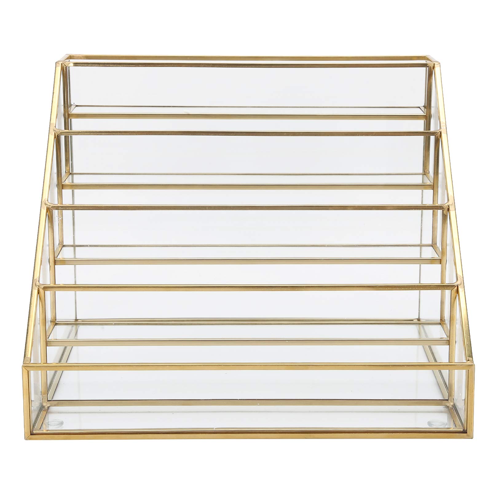 Brrnoo Porta Smalti Espositore Organizer Trucco Scaffale Trapezoidale 5 Ripiani Vetro Rame con Superficie Trasparente Lucida per Smalti Oli Essenziali Lucidalabbra Balsamo (Piccola)