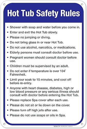 Vista 64 de Letrero de reglas de seguridad para bañera de hidromasaje, cartel de piscina, 10 x 14 pulgadas, libre de óxido, aluminio 040, resistente a