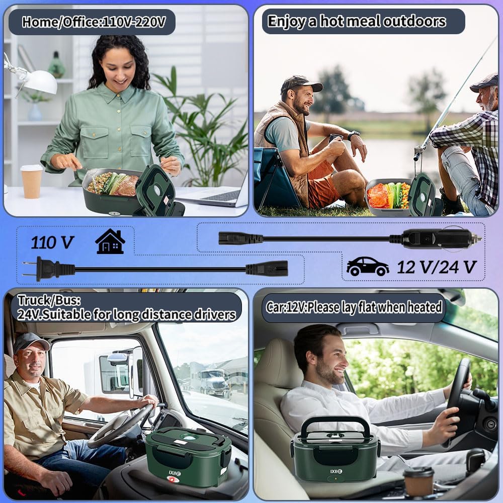 IXIIE Electric Lunch Box 80W Food Warmer for Work, 12V/24V/110V Portable Lunch Warmer for Adults with 2-Pack Stainless Steel Containers, Heated Lunch Box for Car/Truck/Office/Outdoors