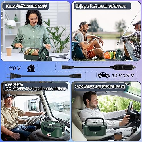 Miniatura 5 de Lonchera eléctrica de 80W, calentador de alimentos para el trabajo, 12V/24V/110V, lonchera portátil para adultos con 2 envases de acero inoxidable,