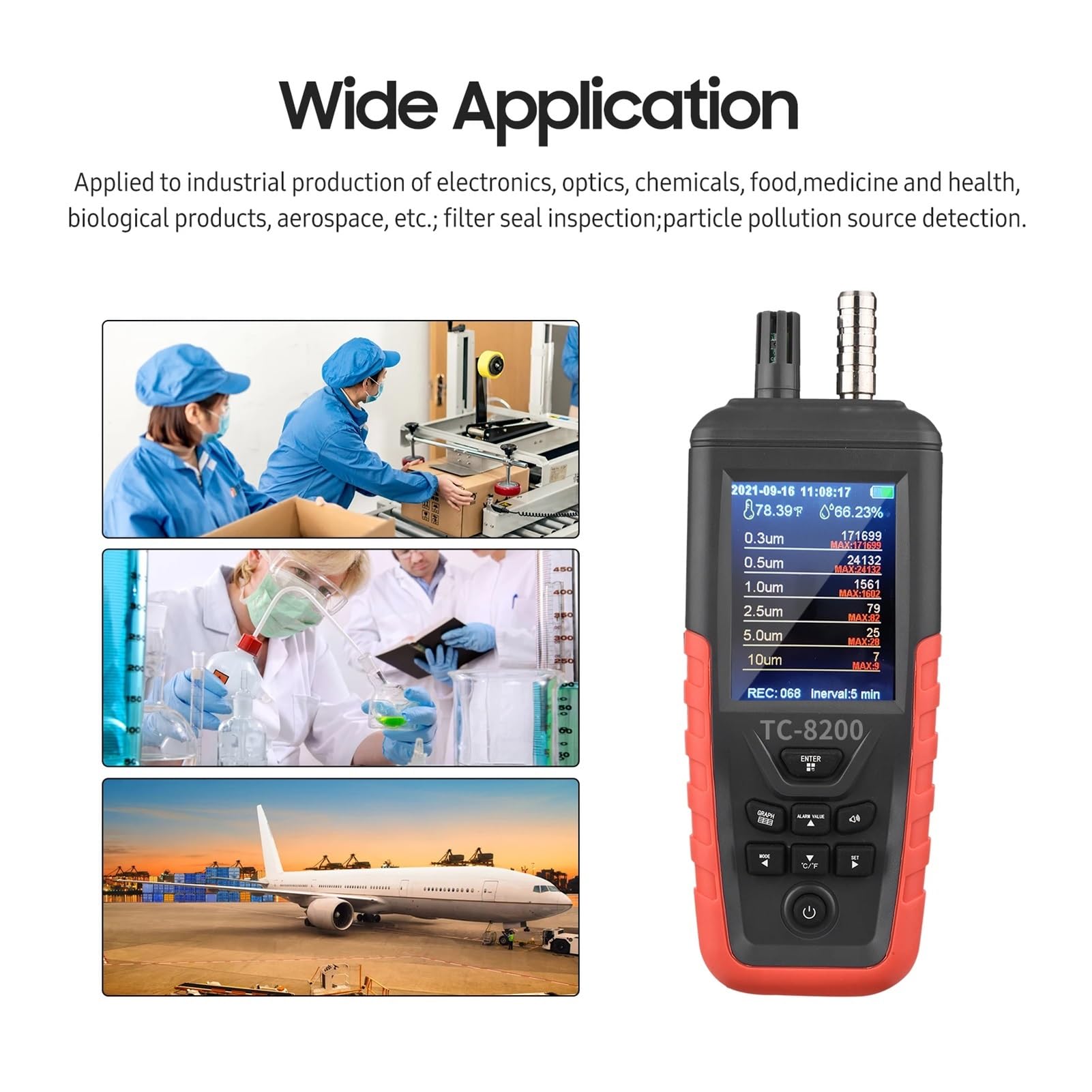Compteur de particules de poussière 6 canx 0,3 um/0,5 μm/1,0 μm/2,5 μm/5,0 μm/10 um PM2,5 PM10 Détecteur avec rétroéclaira TFT Testeur de qualité de l'air Capteurs précis pour une détection rapide(TC-