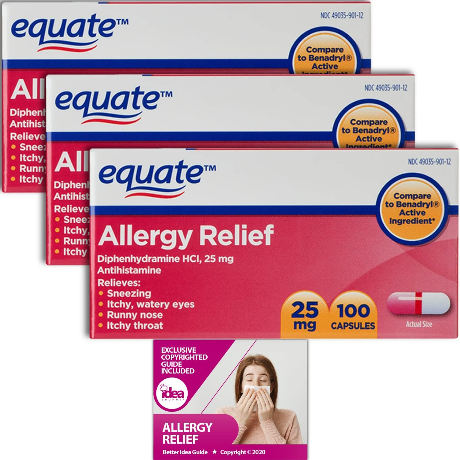 Equate Allergy Relief Capsules, 25 mg, 100 Ct (3 Pack