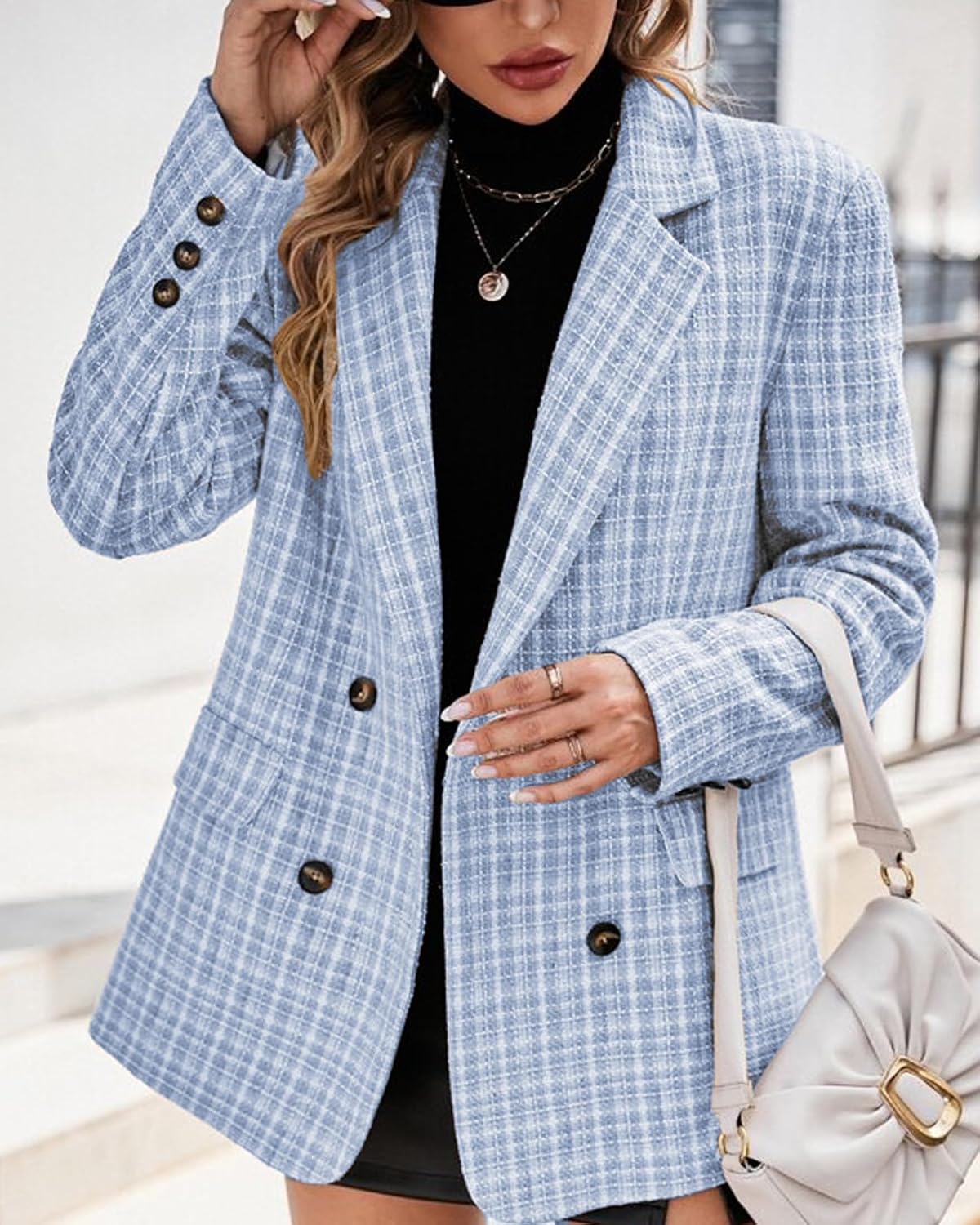 Mina Self Plaid Tweed Blazer Jacket for Women 2026 Fashion Elegant Open Front Casual Work Office Pocket Suit Coat(S-XXL) - Image 6