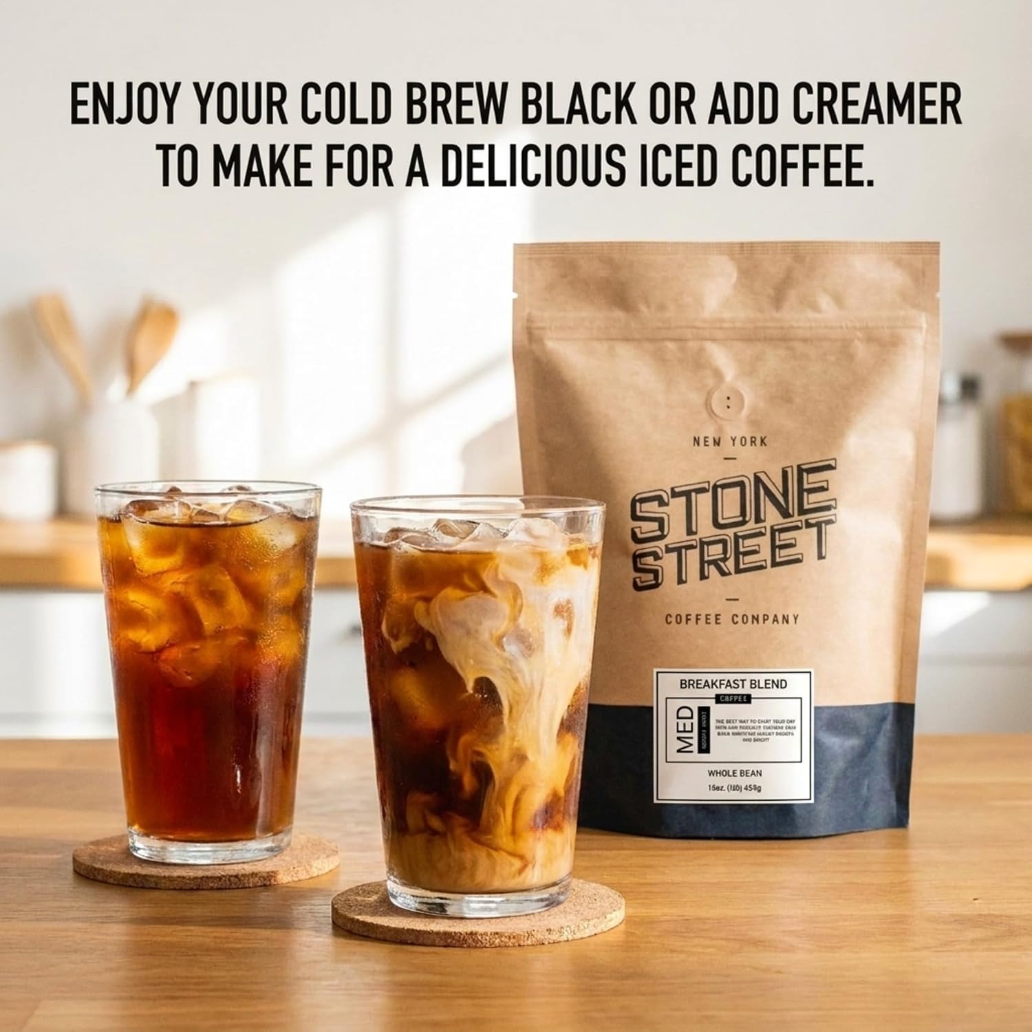 Stone Street Cold Brew Coffee, Low Acid, 100% Arabica, Gourmet Coffee - Breakfast Blend, Medium Roast, Whole Bean, 1 LB