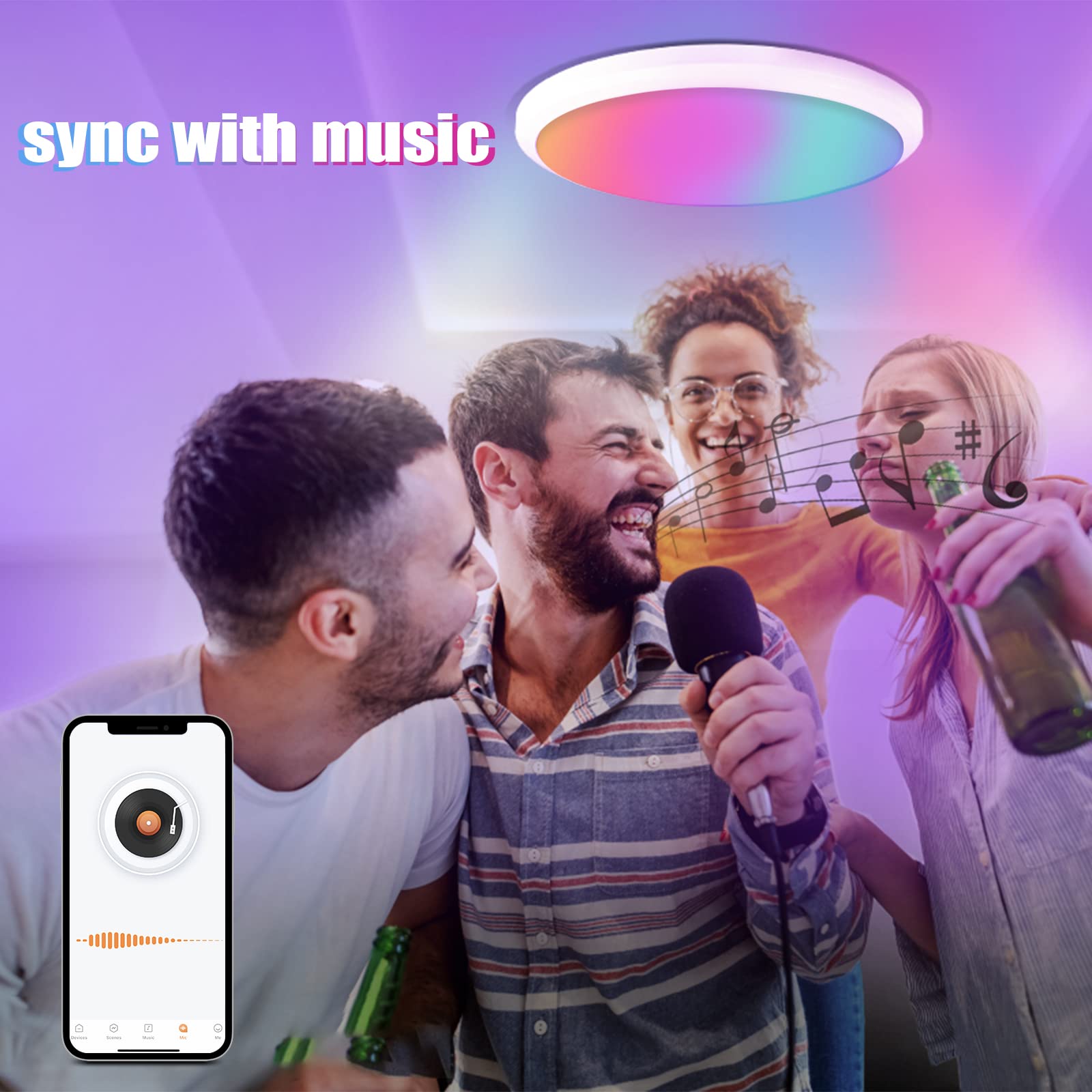 Ampoulight LED Ceiling Light Bluetooth,Dimmable Flush Mount Ceiling Light 2700K-6500K,11Inch Round 24W Color Change RGB Smart Ceiling Light Fixtures with Remote App Control for Bedroom,Living Room